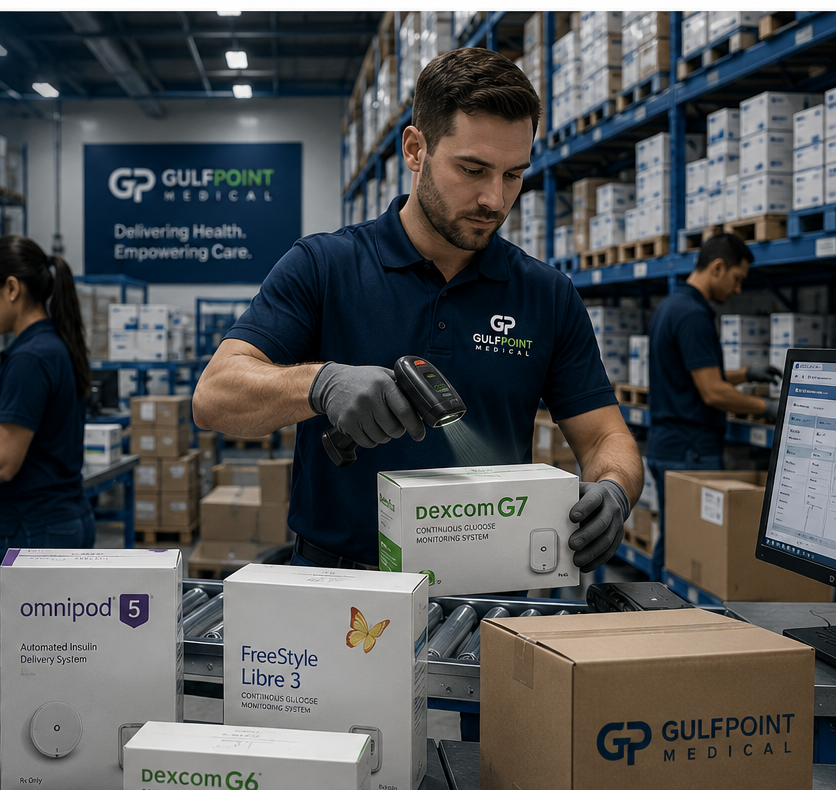 GulfPoint Medical team handling branded diabetes-care inventory in a modern warehouse